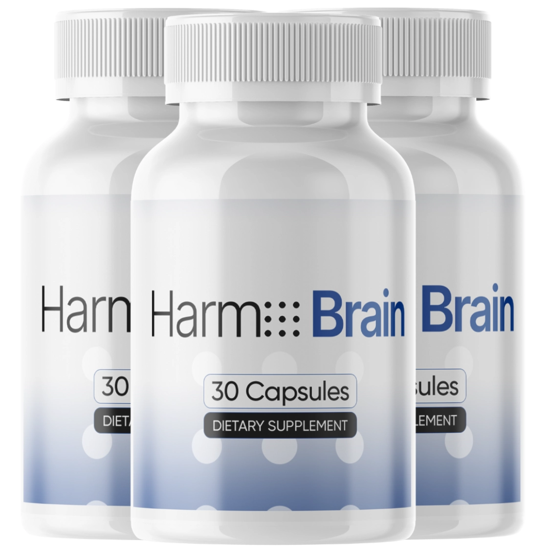 Three bottles of HarmoBrain brain-health and cognitive support capsules